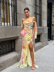 Sexy Tube Top Printed Ribbon Split Dress