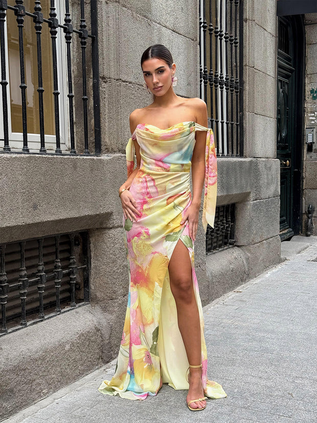 Sexy Tube Top Printed Ribbon Split Dress