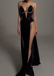 Sexy Diamond Edge Wrapped Chest V-neck Double Slit Dress