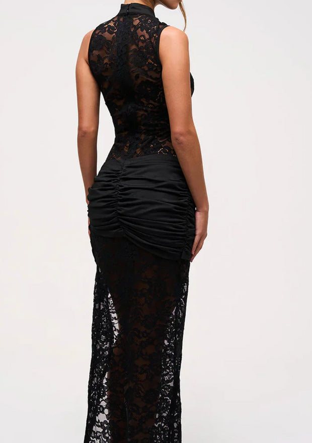 Sexy Fashion Lace Hollow out High Slit Slim Sleeveless Dress