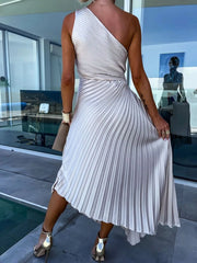 Full Size Single Shoulder Pleated Midi Dress Plus Size