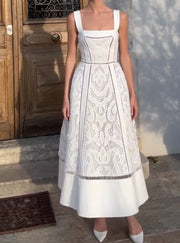 Elegant Lace Embroidery Long Dress with Suspenders