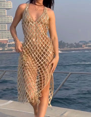 Sexy V-neck Brace Diamond Plaid Hollow Dress