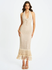Sexy Deep V Lace Halter Fringed Sheath Dress