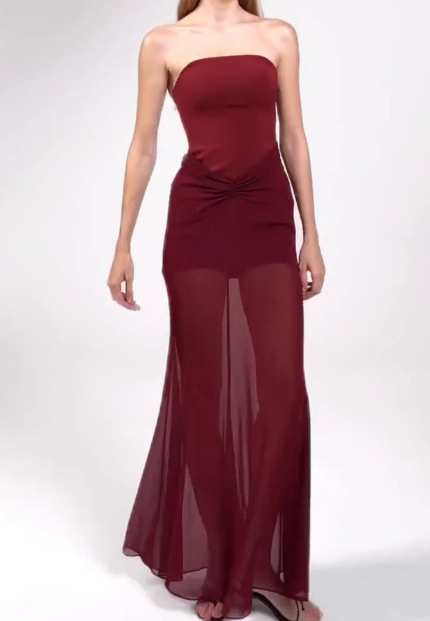 Elegant Tube Top Sheer Mesh Sexy Waist Dress