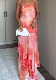 Sexy Tube Top Printed Pleated Ruffled Dress