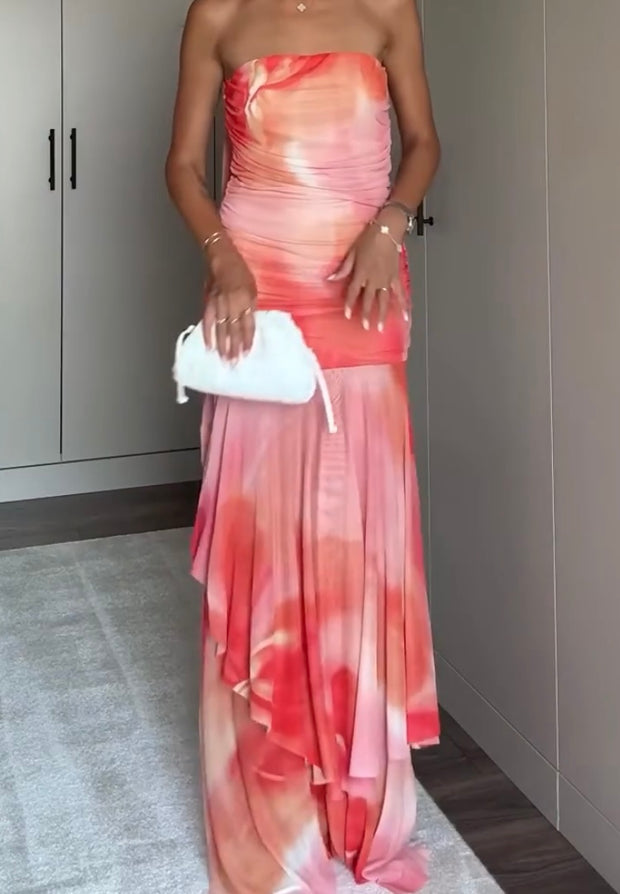 Sexy Tube Top Printed Pleated Ruffled Dress