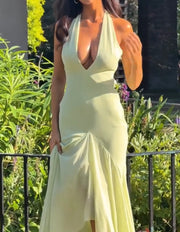 Temperament Sexy Deep V Halter Bare Back Irregular Fishtail Dress