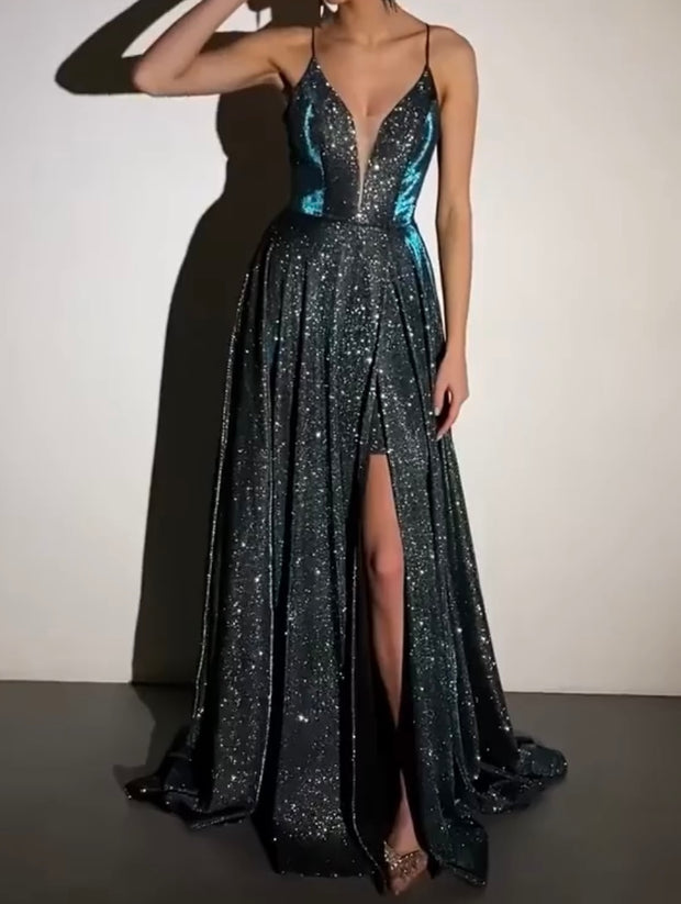 Tube Top Shiny Long Large Hem A- line Slimming Evening Dress