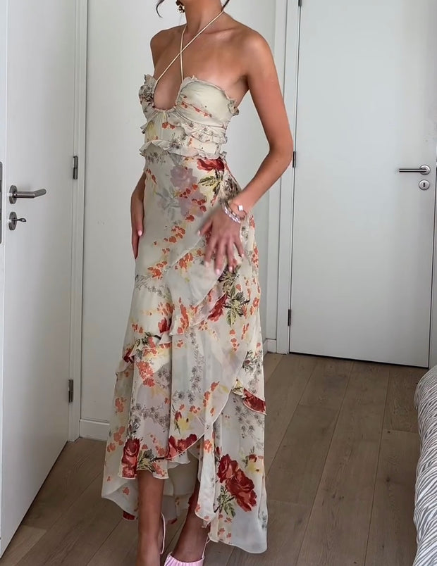 Sexy Halter Chest-Wrapped Printed Ruffled Backless Dress
