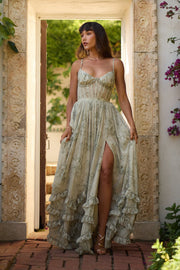 The Carmen Dress in Sage Tapestry