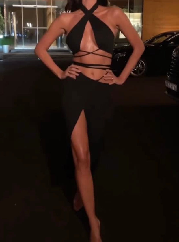 Sexy Halter Backless Camisole Hollow Slit Skirt Suit