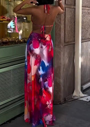 Sexy Halter Printed Backless Side Split Dress