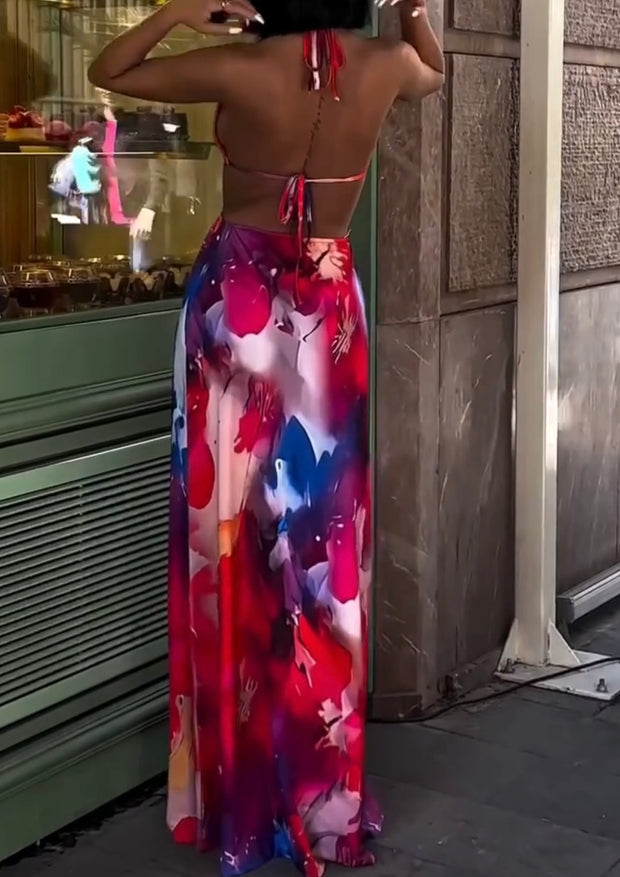 Sexy Halter Printed Backless Side Split Dress