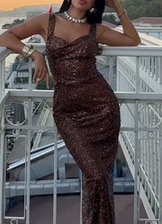 Solid Color and V-neck Sequin Sling High Waist Evening Dress Dress