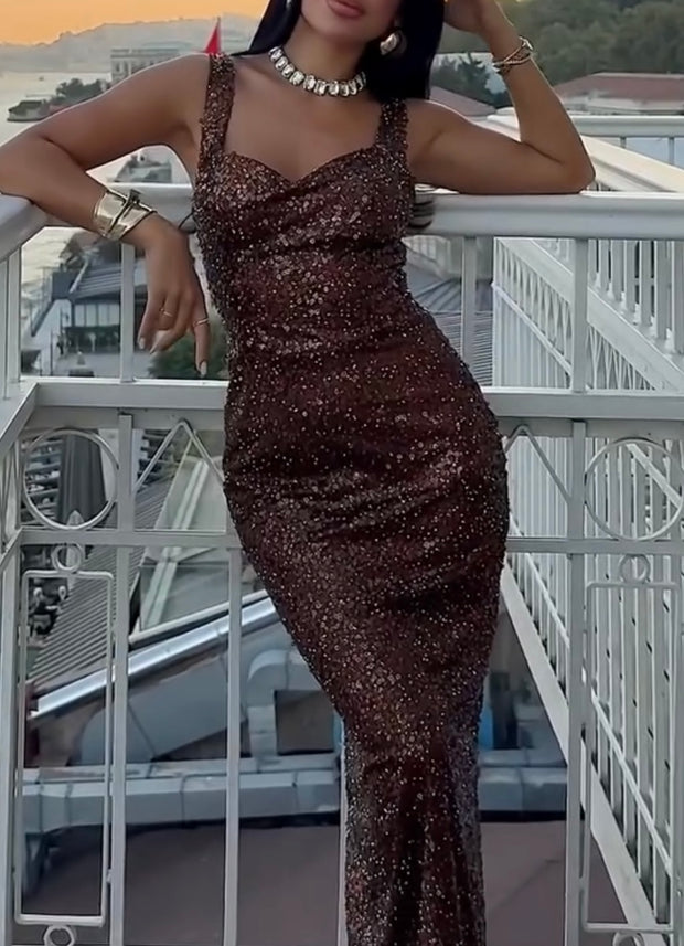 Solid Color and V-neck Sequin Sling High Waist Evening Dress Dress