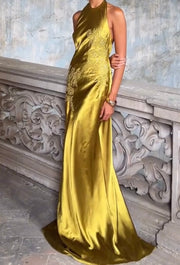 Elegant Satin Embroidered Girdle Dress