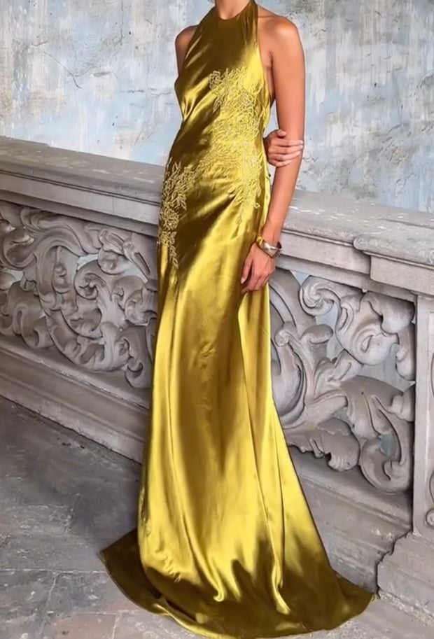 Elegant Satin Embroidered Girdle Dress