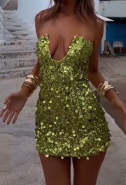 Sexy Tube Top Deep V Sequin Skirt