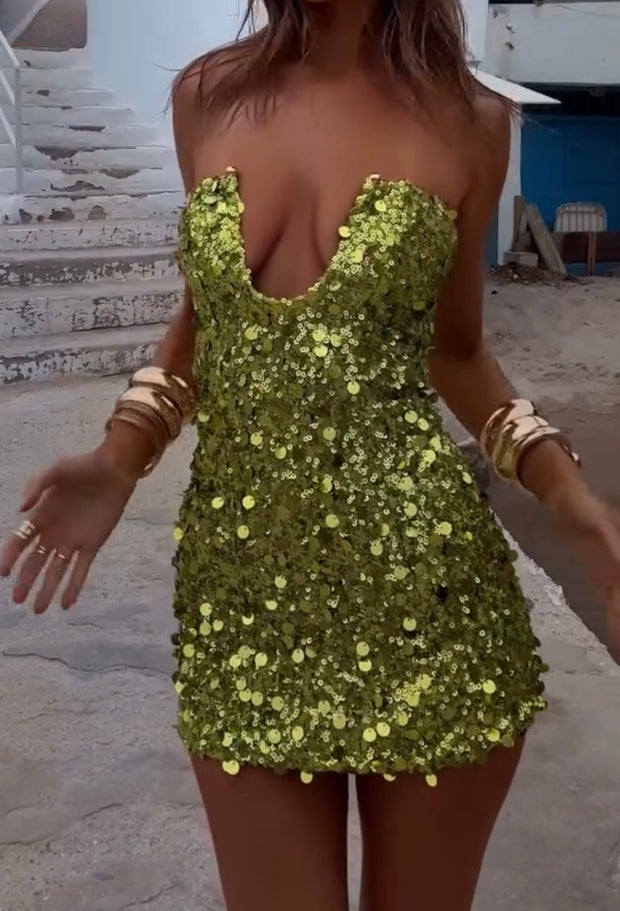 Sexy Tube Top Deep V Sequin Skirt