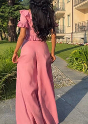 Fashion V-neck Short Sleeve Lace-up Top Wide Leg Trousers Suit