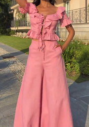 Fashion V-neck Short Sleeve Lace-up Top Wide Leg Trousers Suit