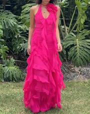 Sexy Halter Ruffled Three-Dimensional Flower Pleated Dress