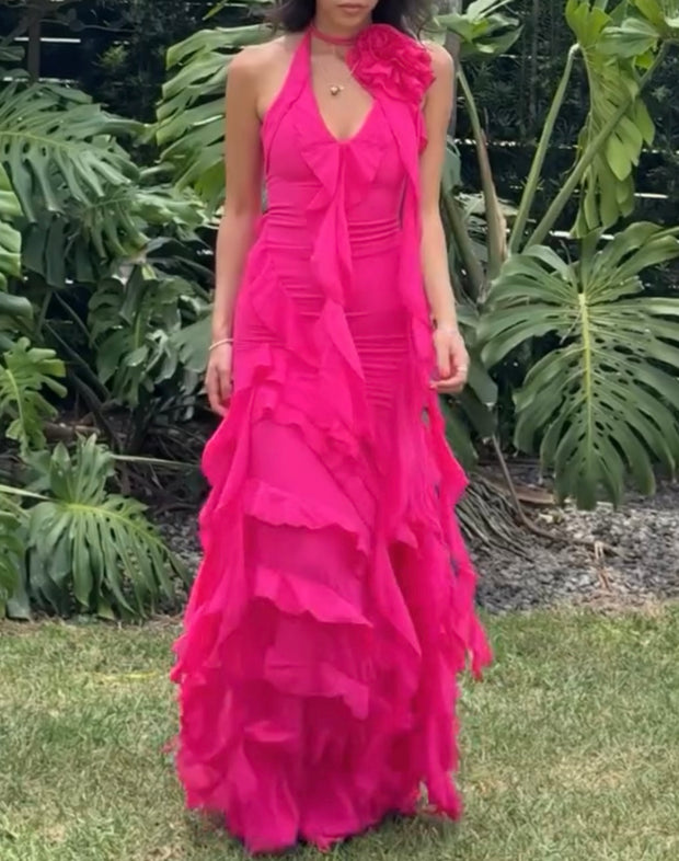 Sexy Halter Ruffled Three-Dimensional Flower Pleated Dress