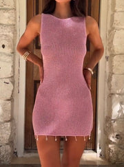 Solid Color Sexy Waist Hollow-out Ring Knitted Dress