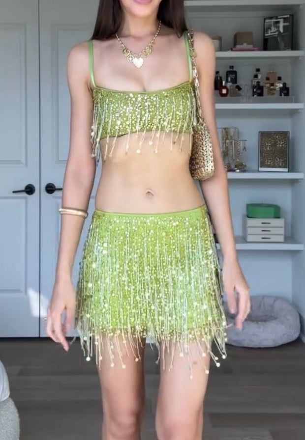 Slim-Fit Sequined Fashion Pure Desire Tassel Suspender Skirt Suit