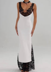 Sexy Sleeveless Deep V Lace Stitching Fashion Slim Sheath Dress