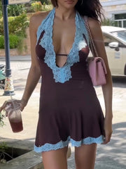 Sexy Deep V Hollow out Stitching Lace Trim Short Backless Halter Dress