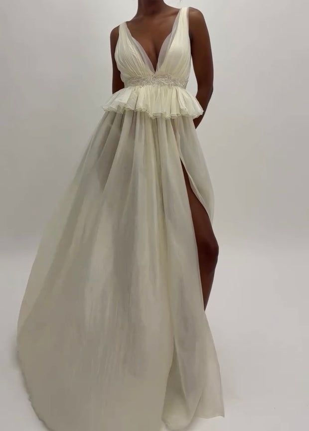 Halter Deep V Micro Transparent Bare Back Sexy Elegant Pleated Mesh Dress