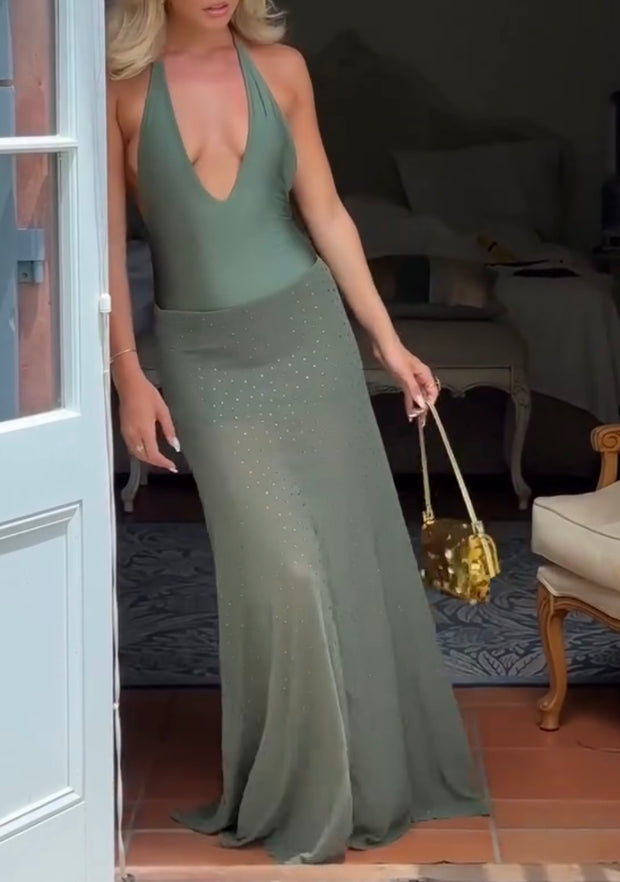 Sexy Halter Deep V-neck Stitching Sheath Dress