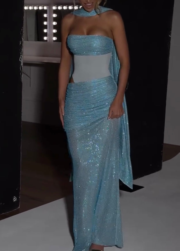 Sexy Bandeau Sequin Stitching Mesh Pleats Waist Girdle Dress