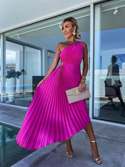 Full Size Single Shoulder Pleated Midi Dress Plus Size