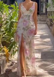 Temperament Elegant V-neck Big Floral Print Slit Backless Dress