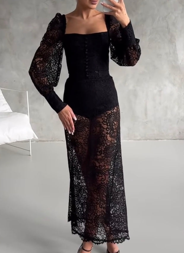 Lace Edge Long Sleeve off Shoulder Slim-Fit Sheath Dress