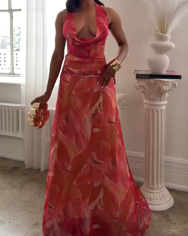 Ink Printing Deep V Swing Collar Bare Back Halter Dress