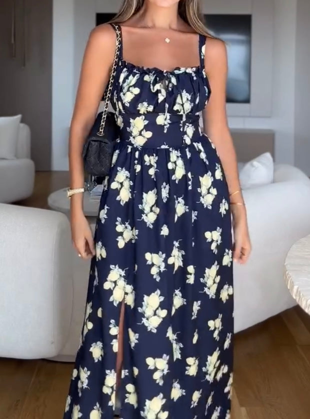Low Collar Tied High Waist Split High Waist Printed Dress