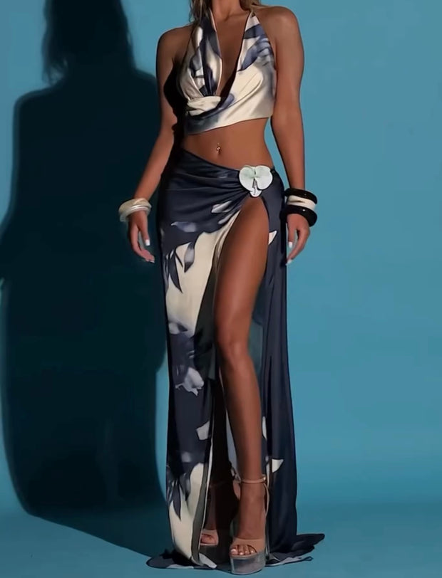 Sexy Halter Swing Collar Vest Floral Print Slit Long Skirt Suit
