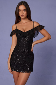 Sexy off-the-Shoulder Printed Sequin Lace-up Hip Bag Dress