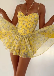 Seaside Vacation Style Waist Slimming Floral V-neck Strap Dress