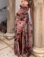 Sexy Sling Fishbone Floral Print Slit Dress