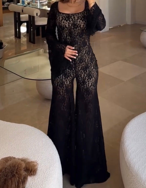 Graceful and Fashionable Long Sleeve Lace One-Piece Wide-Leg Pants