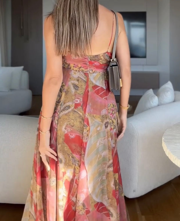 Fashionable, Elegant and Sexy Backless Print Midi Skirt Dress
