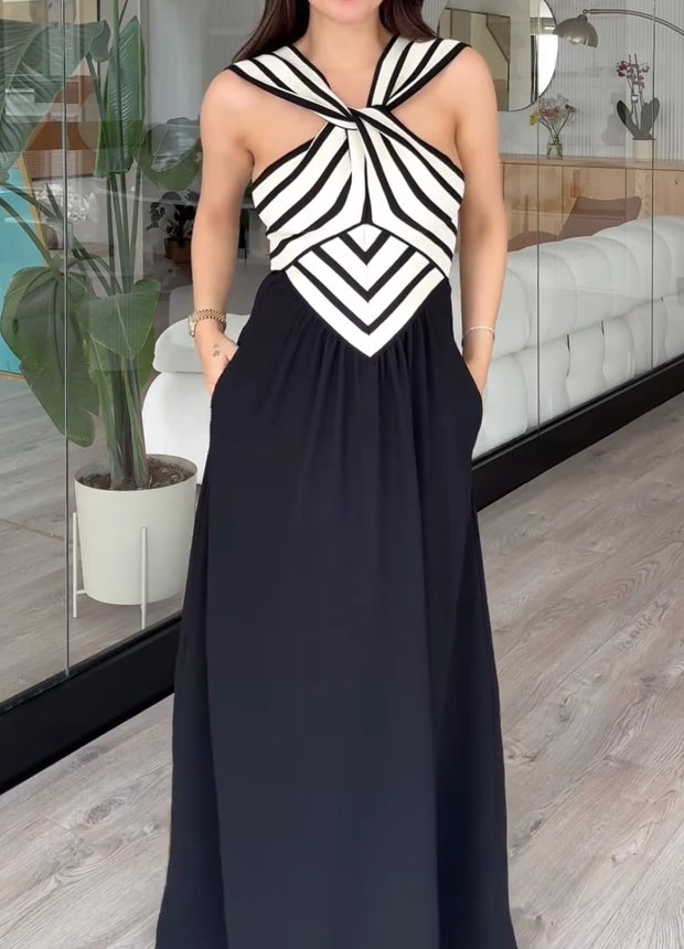 Niche Black and White Stitching Button Knot Slimming Temperament Dress