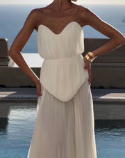 Graceful and Fashionable Chest Fold Vest Stitching Mesh See-through Dress