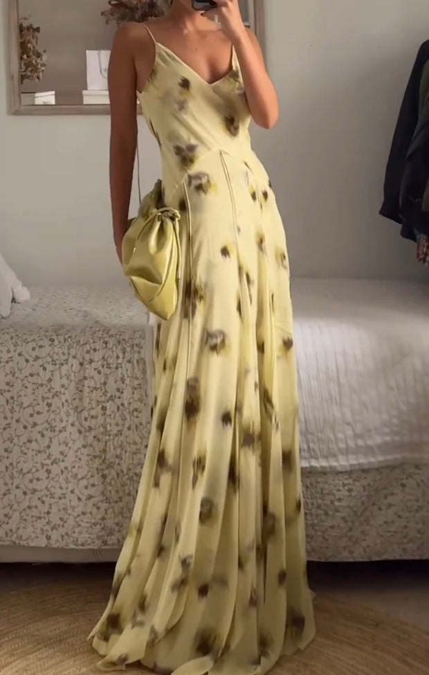 Sexy V-neck Sleeveless Backless Print Long Dress