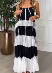 Striped Contrast Color Spaghetti-Strap Ruffle Versatile Dress